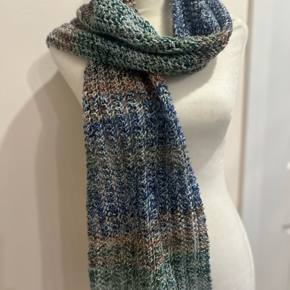 Multicolor Lace Knit Shawl/Scarf/Wrap- silver Celtic pin. Earth tones. 8x60” NWT - Picture 3 of 6